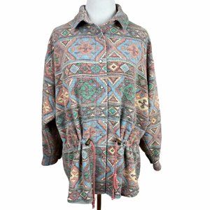 Forenza Fleece Shirt Jacket L Southwestern Printed Button Up Drawstring‎ Vintage